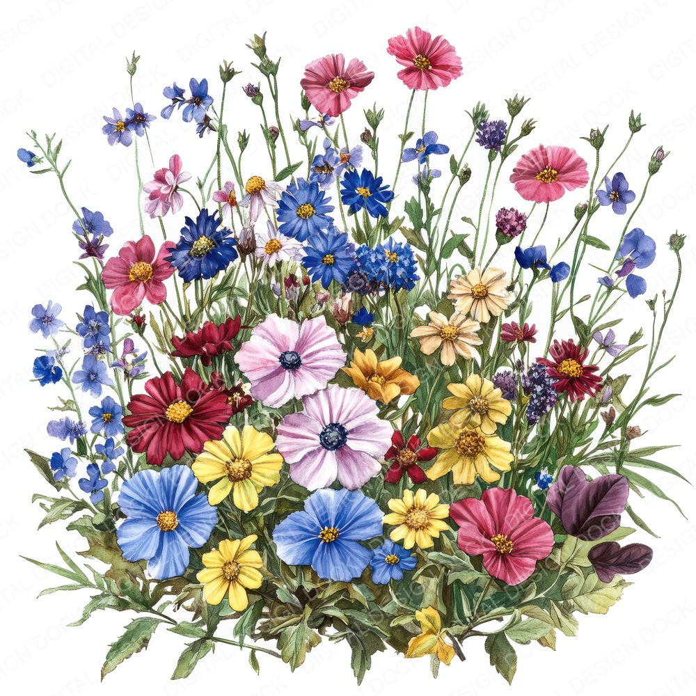 Watercolour Wildflower Flowerbed fussy cut sheet in A4 format showing all 12 designs on one printable page