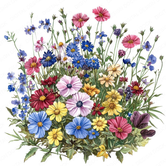 Watercolour Wildflower Flowerbed fussy cut sheet in A4 format showing all 12 designs on one printable page