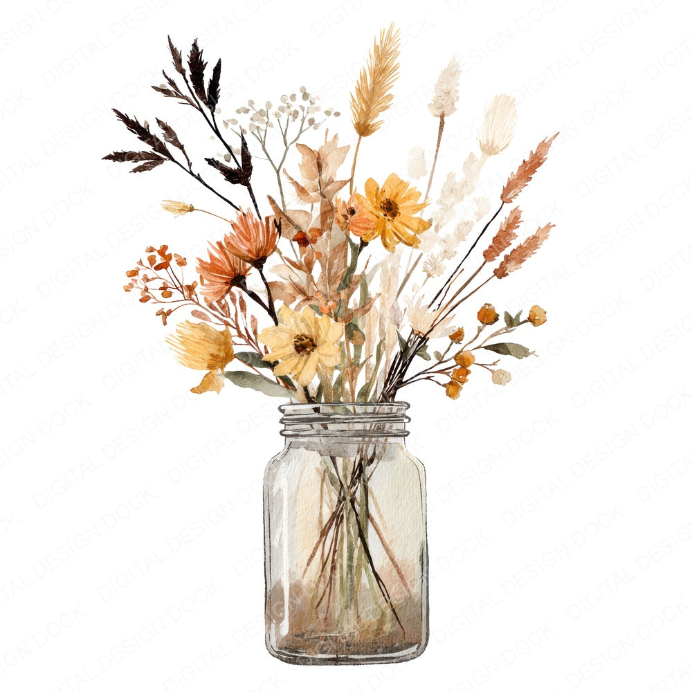 Watercolour Wildflower Glass Jar fussy cut sheet in A4 format showing all 12 designs on one printable page