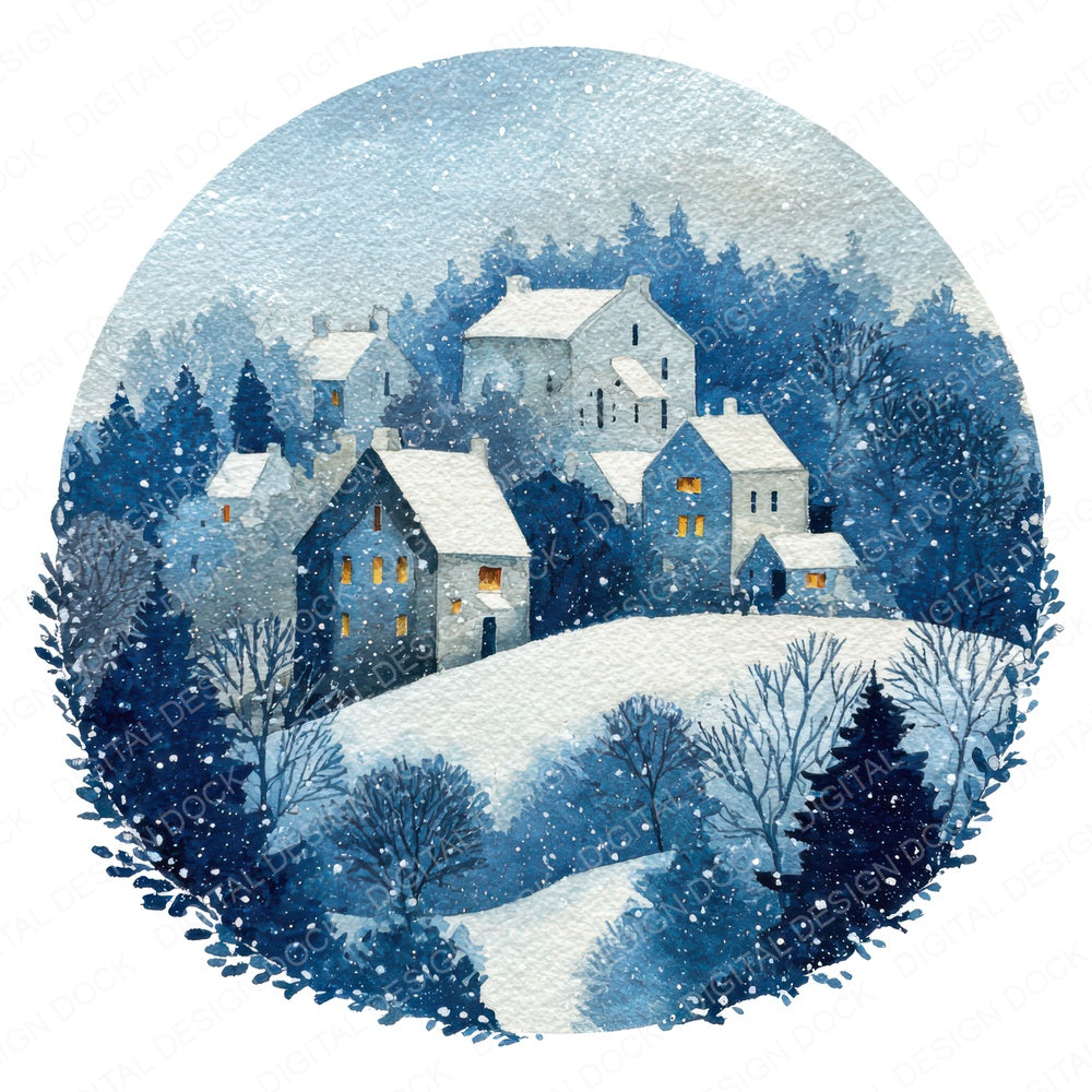 Watercolour Winter Village Circle fussy cut sheet in US Letter format showing all 12 designs on one printable page