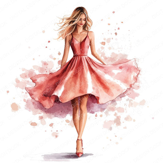 Watercolour Woman Colourful Dress fussy cut sheet in A4 format showing all 12 designs on one printable page