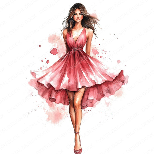 Watercolour Woman Colourful Dress fussy cut sheet in US Letter format showing all 12 designs on one printable page