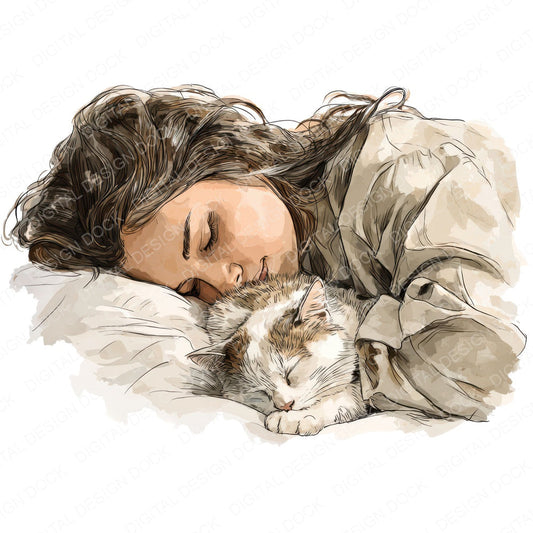 Watercolour Woman Sleeping with Cat fussy cut sheet in A4 format showing all 12 designs on one printable page