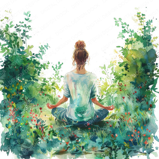 Watercolour Woman doing Yoga fussy cut sheet in A4 format showing all 12 designs on one printable page