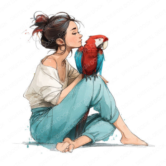 Watercolour Woman with Parrot fussy cut sheet in A4 format showing all 12 designs on one printable page