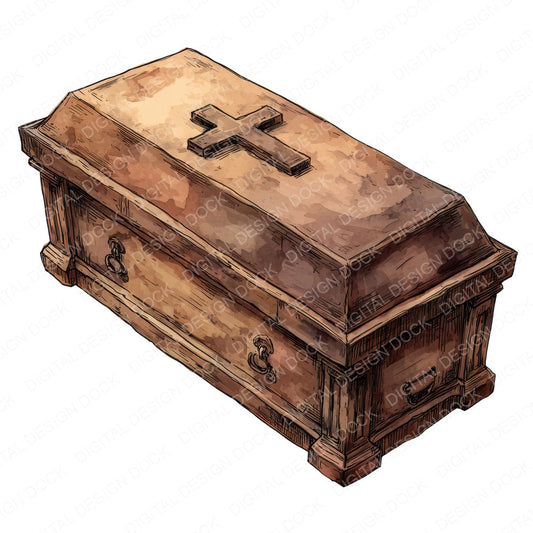 Watercolour Wooden Coffin fussy cut sheet in A4 format showing all 12 designs on one printable page