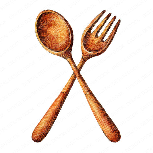 Watercolour Wooden Utensils fussy cut sheet in A4 format showing all 12 designs on one printable page