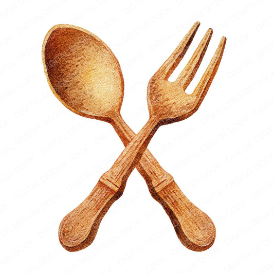 Watercolour Wooden Utensils fussy cut sheet in US Letter format showing all 12 designs on one printable page