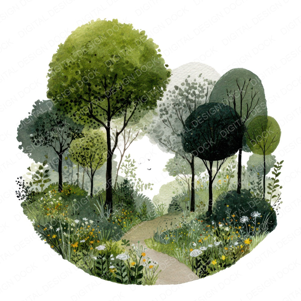 Watercolour Woodland Circle fussy cut sheet in US Letter format showing all 12 designs on one printable page