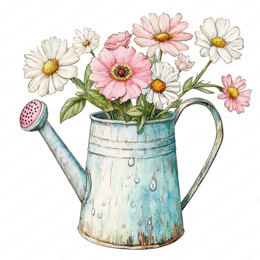 Watering Can with Florals fussy cut sheet in US Letter format showing all 12 designs on one printable page