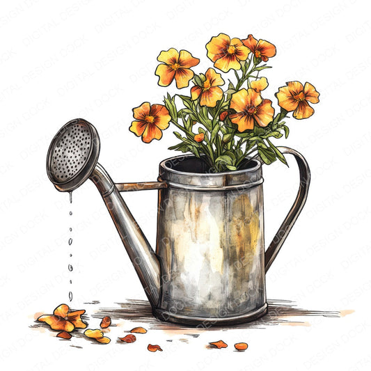Watering Can with Marigolds fussy cut sheet in A4 format showing all 12 designs on one printable page