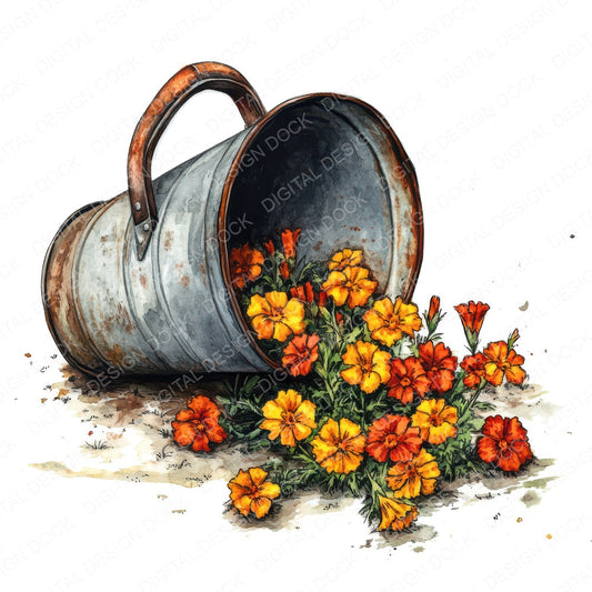 Watering Pail with Spilled Flowers fussy cut sheet in A4 format showing all 12 designs on one printable page