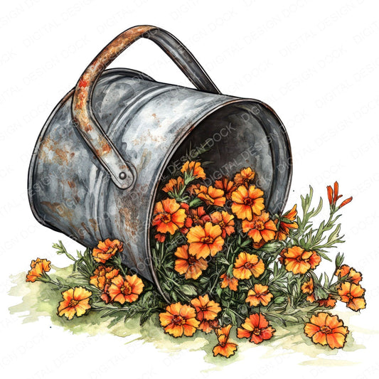 Watering Pail with Spilled Flowers fussy cut sheet in US Letter format showing all 12 designs on one printable page