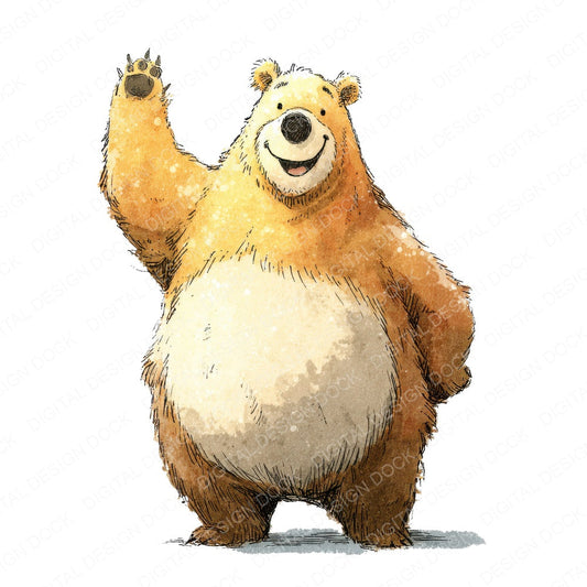 Waving Bear Cartoon Animal fussy cut sheet in A4 format showing all 12 designs on one printable page