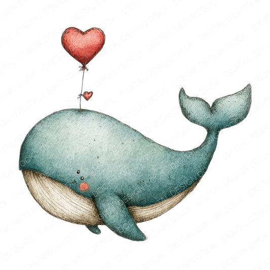 Whale Heart Balloon fussy cut sheet in A4 format showing all 12 designs on one printable page