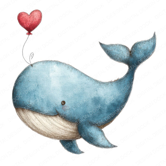 Whale Heart Balloon fussy cut sheet in US Letter format showing all 12 designs on one printable page