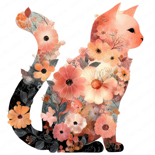 Whimsical Floral Cat fussy cut sheet in A4 format showing all 12 designs on one printable page