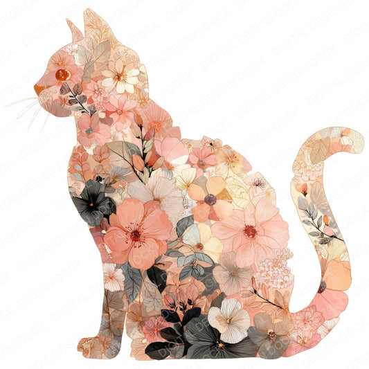 Whimsical Floral Cat fussy cut sheet in US Letter format showing all 12 designs on one printable page