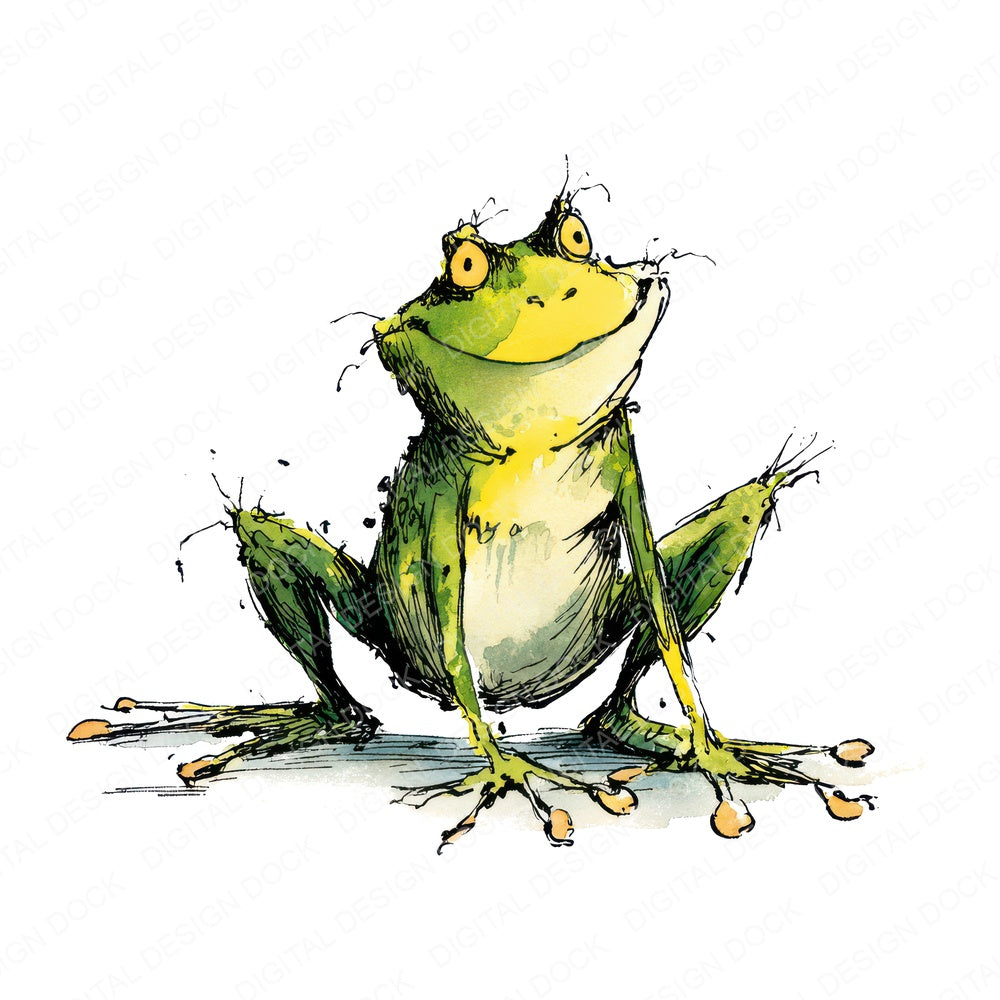 Whimsical Frog Character Illustration fussy cut sheet in A4 format showing all 12 designs on one printable page