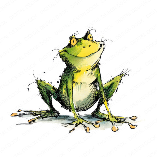 Whimsical Frog Character Illustration fussy cut sheet in A4 format showing all 12 designs on one printable page