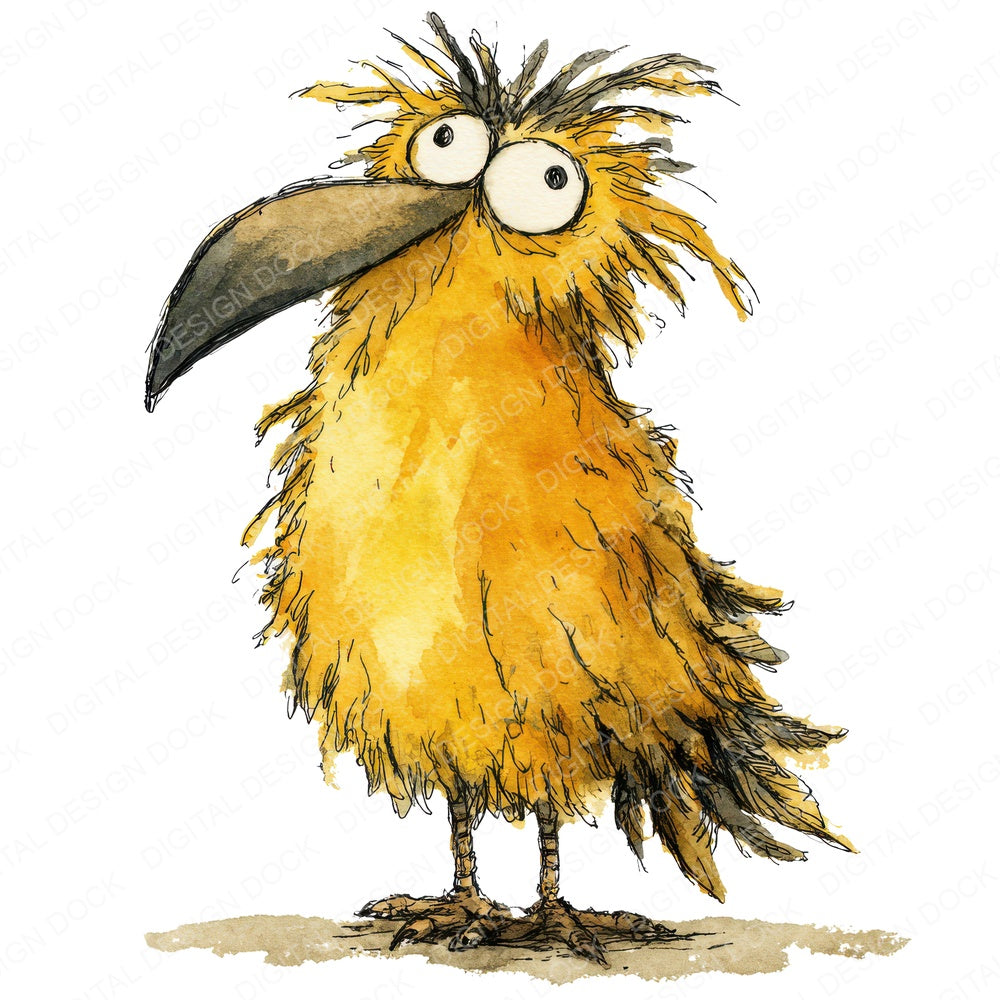 Whimsical Scruffy Bird Character fussy cut sheet in A4 format showing all 12 designs on one printable page