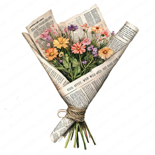 Wildflower Bouquet in Newspaper fussy cut sheet in A4 format showing all 12 designs on one printable page