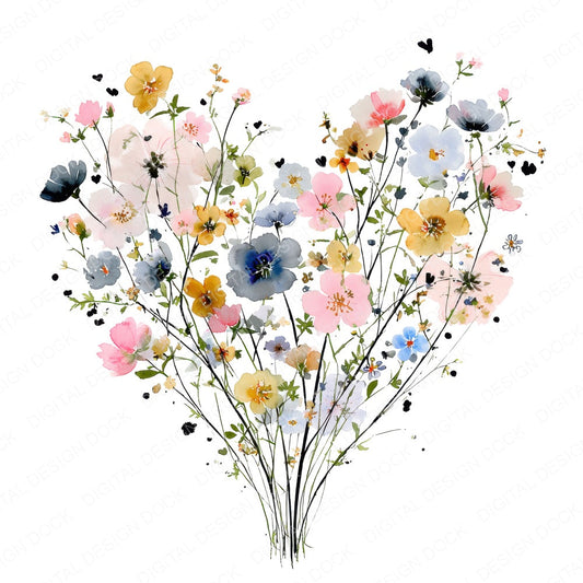 Wildflower Heart Bouquet fussy cut sheet in US Letter format showing all 12 designs on one printable page