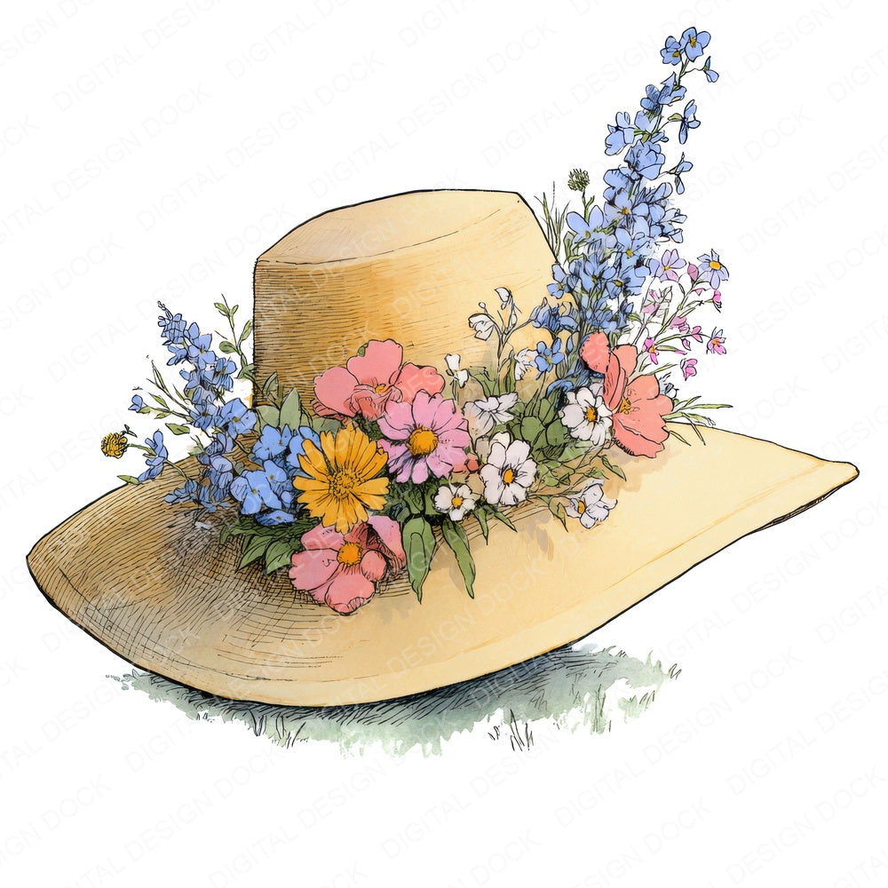 Wildflower Straw Hat fussy cut sheet in US Letter format showing all 12 designs on one printable page