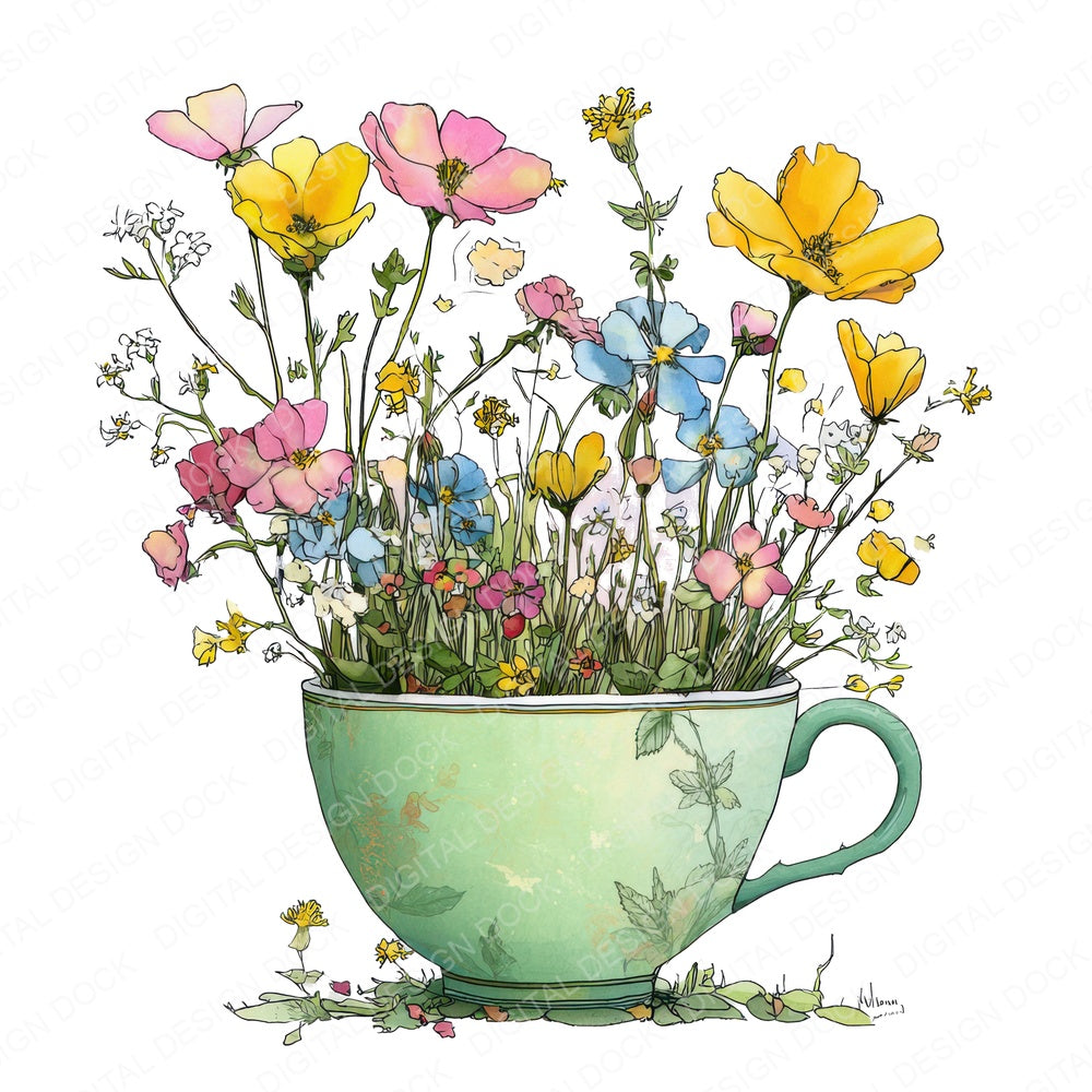 Wildflower Teacup fussy cut sheet in US Letter format showing all 12 designs on one printable page
