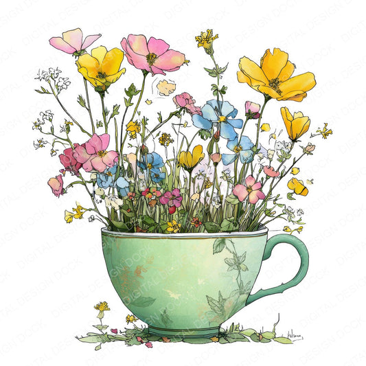 Wildflower Teacup fussy cut sheet in US Letter format showing all 12 designs on one printable page