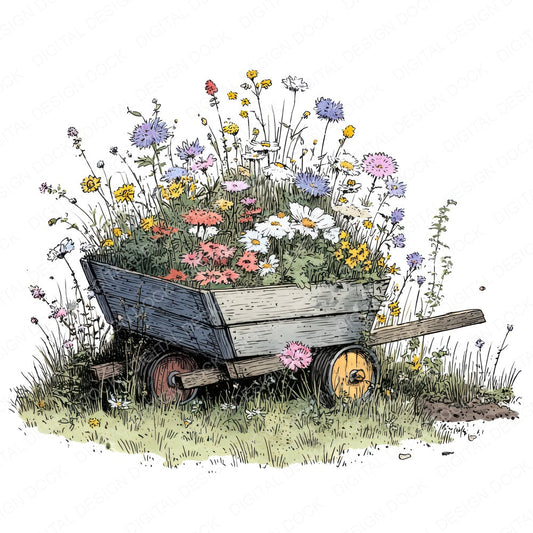 Wildflower Wheelbarrow fussy cut sheet in A4 format showing all 12 designs on one printable page