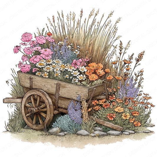 Wildflower Wheelbarrow fussy cut sheet in US Letter format showing all 12 designs on one printable page
