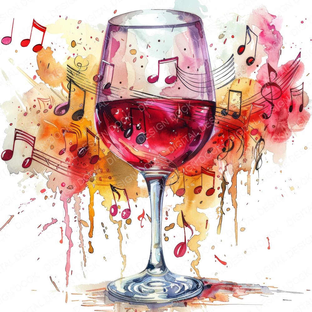 Wine Glass with Music Notes fussy cut sheet in A4 format showing all 12 designs on one printable page