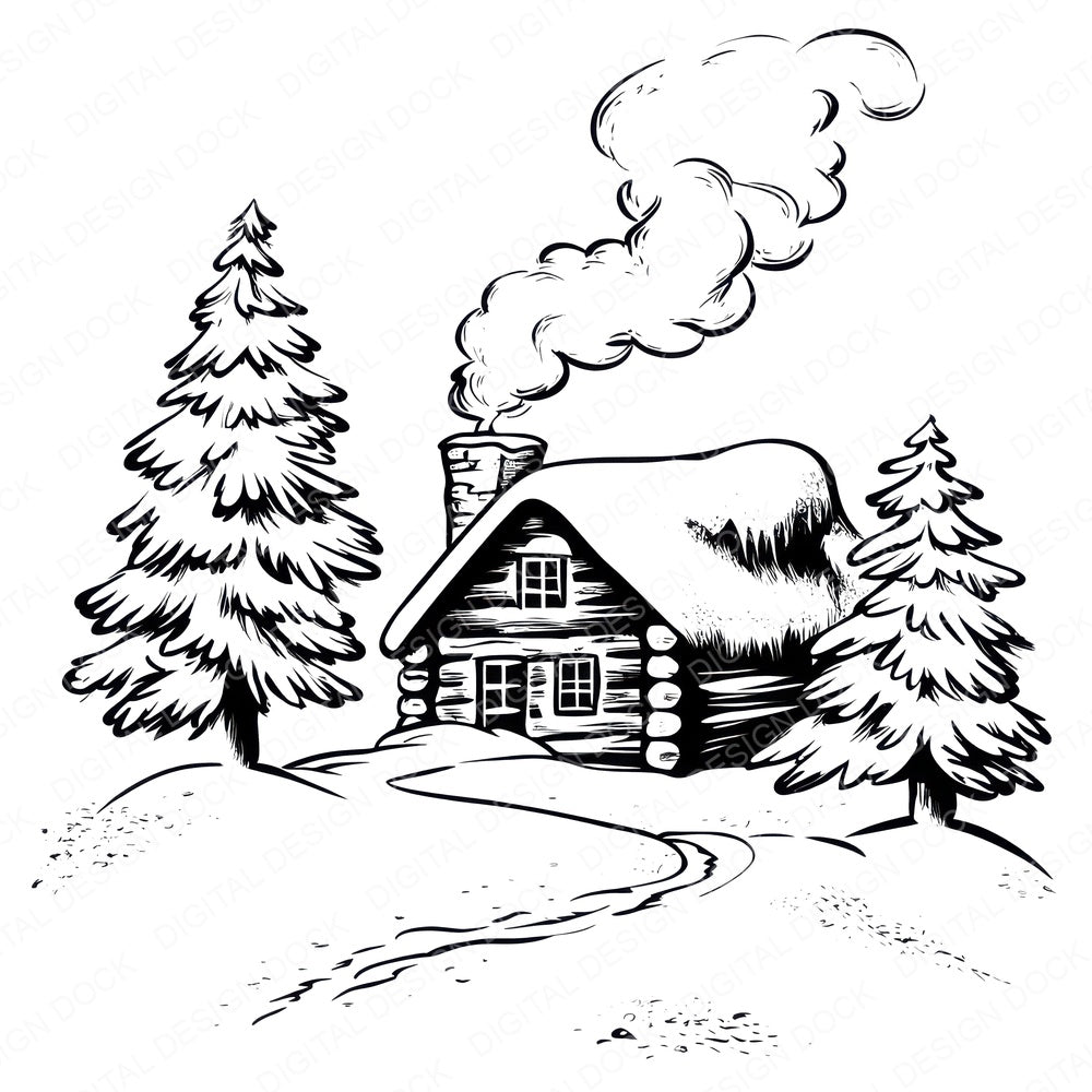 Winter Cabin Colouring Page fussy cut sheet in A4 format showing all 12 designs on one printable page