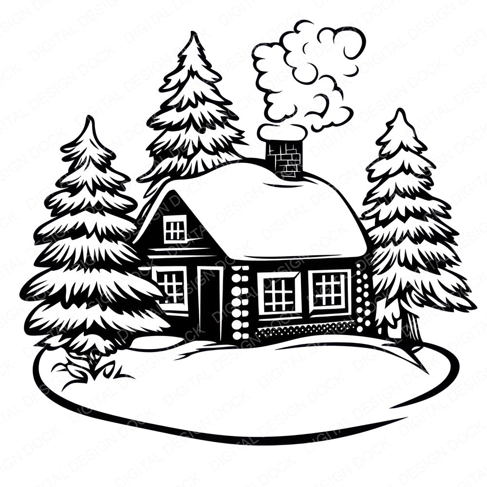 Winter Cabin Colouring Page fussy cut sheet in US Letter format showing all 12 designs on one printable page