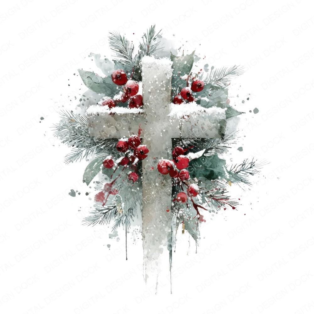 Winter Cross with Snow and Pine fussy cut sheet in US Letter format showing all 12 designs on one printable page
