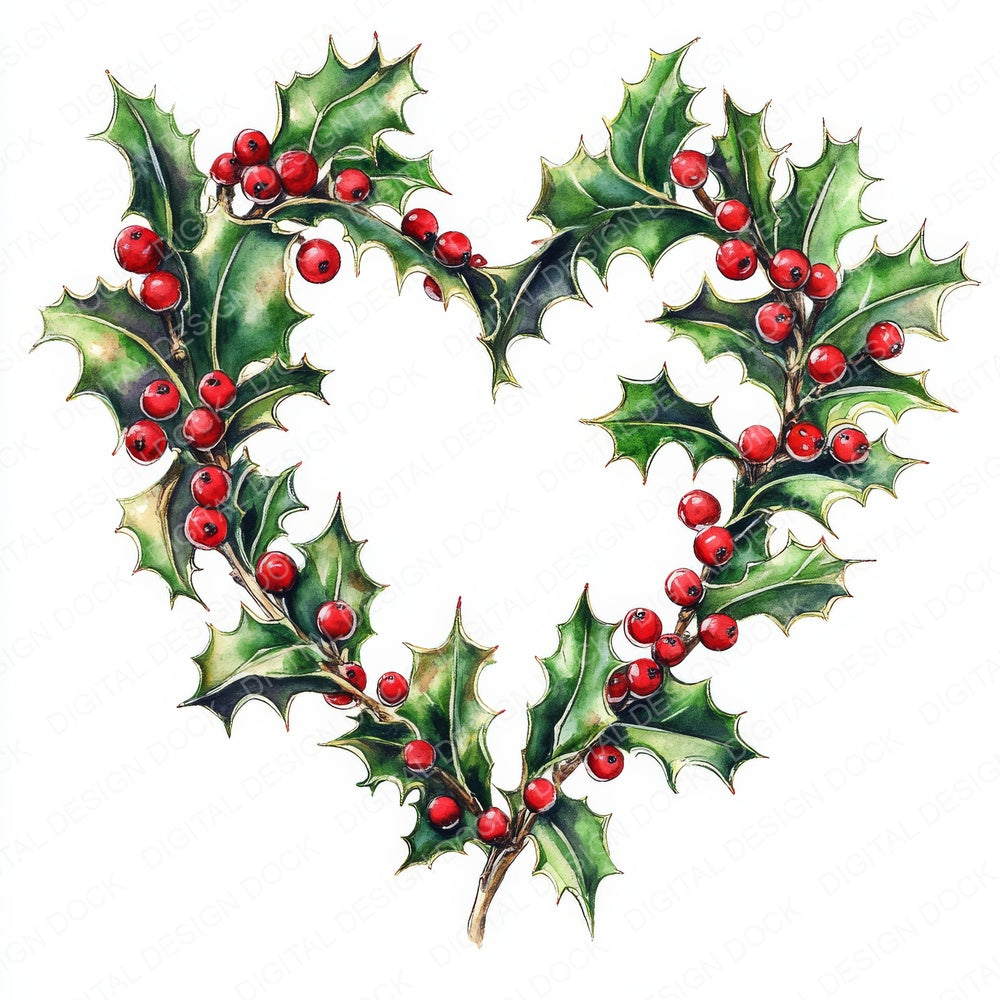 Winter Holly Heart Shape Watercolour fussy cut sheet in A4 format showing all 12 designs on one printable page