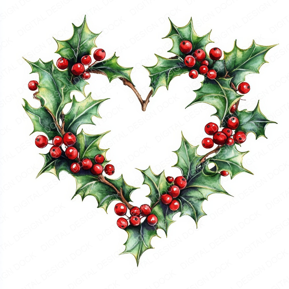 Winter Holly Heart Shape Watercolour fussy cut sheet in US Letter format showing all 12 designs on one printable page