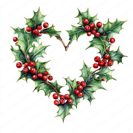 Winter Holly Heart Shape Watercolour fussy cut sheet in US Letter format showing all 12 designs on one printable page