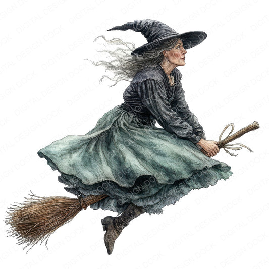 Witch on a Broom fussy cut sheet in US Letter format showing all 12 designs on one printable page