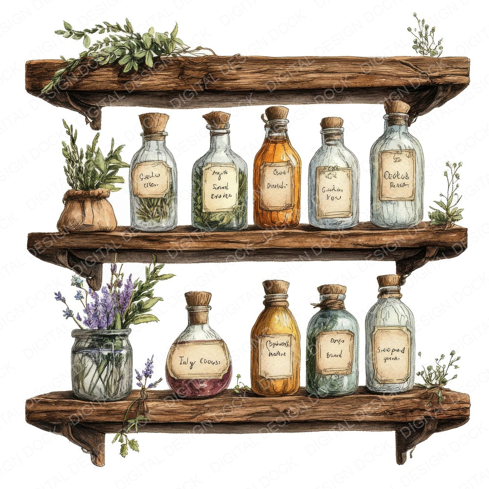 Witchs Potion Shelf fussy cut sheet in A4 format showing all 12 designs on one printable page