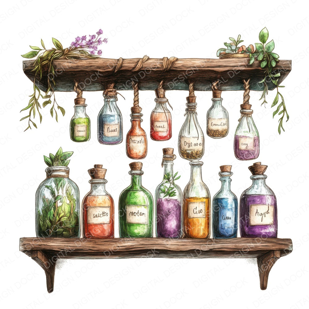 Witchs Potion Shelf fussy cut sheet in US Letter format showing all 12 designs on one printable page