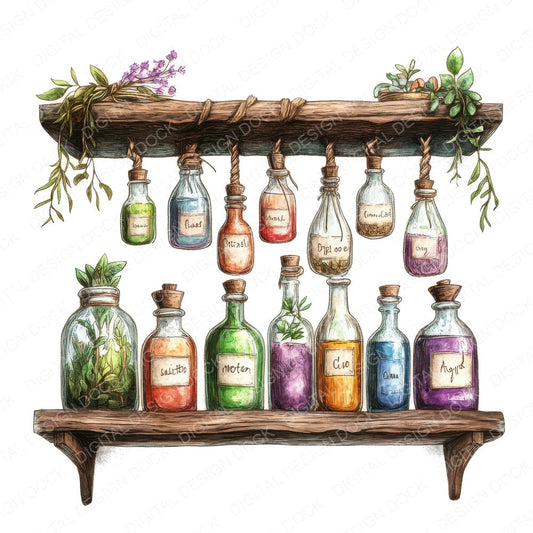 Witchs Potion Shelf fussy cut sheet in US Letter format showing all 12 designs on one printable page