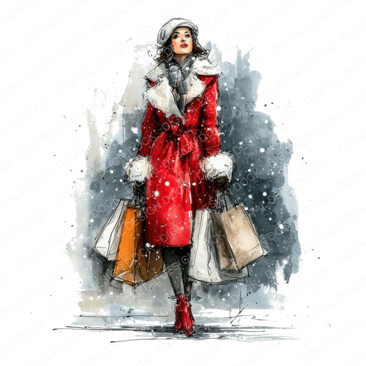 Woman Christmas Shopping Outfit fussy cut sheet in A4 format showing all 12 designs on one printable page