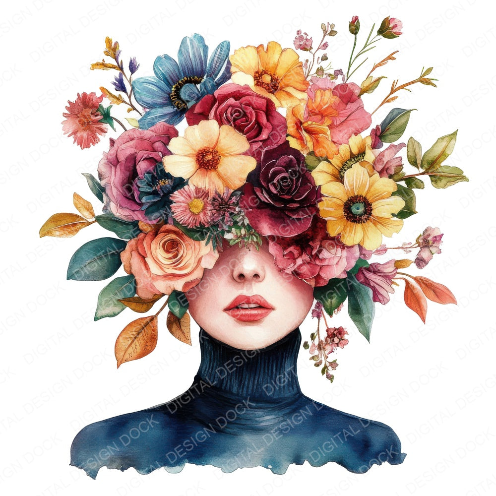 Woman Floral Bouquet fussy cut sheet in A4 format showing all 12 designs on one printable page