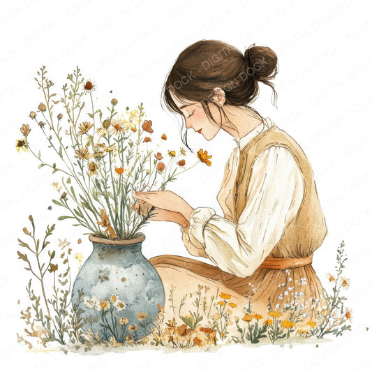 Woman Flower Arranging fussy cut sheet in A4 format showing all 12 designs on one printable page