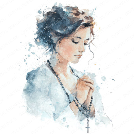 Woman Praying with Rosary Beads fussy cut sheet in US Letter format showing all 12 designs on one printable page