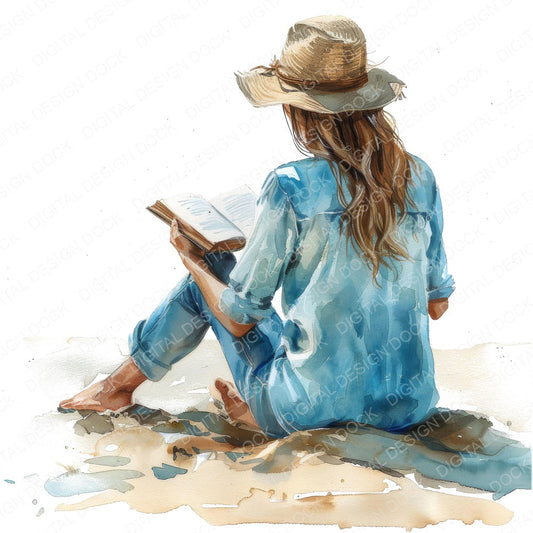 Woman Reading Book on Beach fussy cut sheet in A4 format showing all 12 designs on one printable page