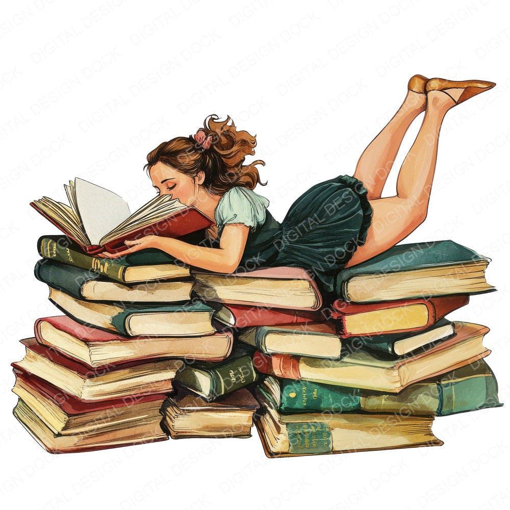 Woman Reading Pile of Books fussy cut sheet in A4 format showing all 12 designs on one printable page