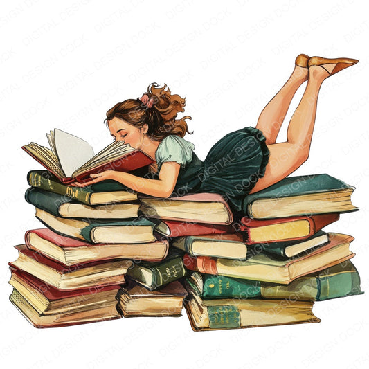 Woman Reading Pile of Books fussy cut sheet in A4 format showing all 12 designs on one printable page